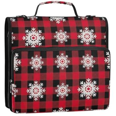 Imagem de Organizador de fichário com zíper, flocos de neve, vermelho, preto, xadrez, búfalo, 3 anéis, bolsa de fichários escolares duráveis com alça de ombro, pasta de armazenamento com alça de ombro com alça