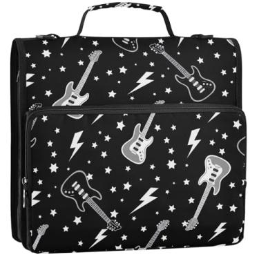 Imagem de Organizador de fichário com zíper para documentos, fichários de 3 cm, 3 anéis, para violão, rock, resistente, preto, pasta de armazenamento com alça para guardar pastas com alça para escola, 34,5 x