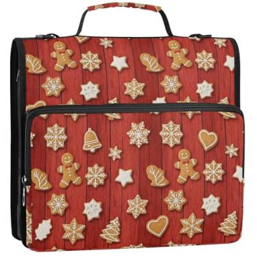 Imagem de Fichários de tecido de 3 cm com 3 anéis, biscoitos de gengibre resistentes, fichário vermelho com zíper, estojo de armazenamento com alça para fichários escolares com alça de ombro, 34,5 x 31,5 x 9 cm