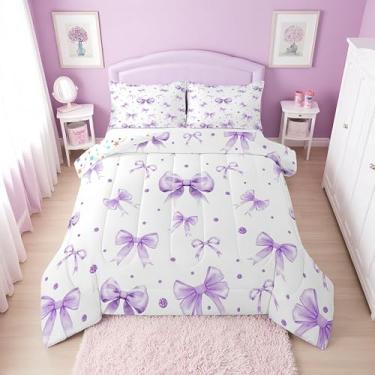 Imagem de Erosebridal Jogo de cama queen com laço roxo fofo para meninas | Conjunto de edredom com laço roxo para crianças, adolescentes, conjunto de cama com laço de princesa, decoração de quarto de princesa