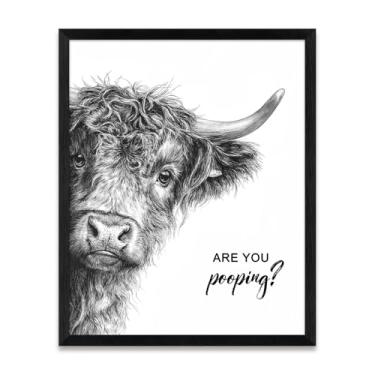Imagem de Yidepot Decoração de banheiro Highland Cow - Arte de parede de fazenda, presentes de gado, pintura rústica para casa de banho emoldurada 30 x 38 cm