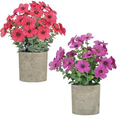 Imagem de Pacote com 2 plantas falsas pequenas, vasos de plantas artificiais, flores artificiais em vaso margarida com folhas de eucalipto, para decoração de casa, escritório, casa de fazenda, mesa interna