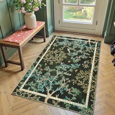 Imagem de jinchan Yarden Botanical Birds Tapetes de área verde musgo 7,5 x 12,5 cm para entrada - Lavável, antiderrapante, macio, natureza, plantas, moderno, infantil, tapete vintage de pelo baixo para sala de