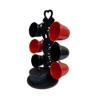 Imagem de Suporte para 6 Xícaras com Açucareiro – Madeira MDF, Organizador de Cozinha para Cantinho do Café, Ideal para Armazenamento e Decoração Doméstica (S/PRETO C/6XC PT/VM - R/PT)