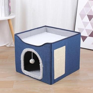 Imagem de Casinha Dobrável para Gatos com Arranhador de Sisal e Brinquedo Suspenso – Conforto e Diversão(AZUL MARINHO-2)