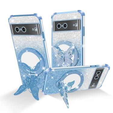 Imagem de Easyscen Capa para celular Google Pixel 7 (6,3 polegadas), com suporte de borboleta e 4 cantos de airbag, capa protetora de luxo à prova de choque com glitter para mulheres - azul