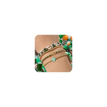 Imagem de SHINUS BOHO Conjunto de 5 peças de pulseiras de contas cruzadas banhadas a ouro para mulheres, elástico, empilhável, boêmio, contas coloridas, joias, amizade, verão, uso diário, moderno, 7.0, Sem