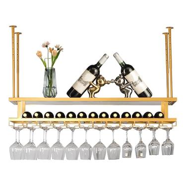Imagem de pcagfaajmh Suporte de metal para garrafa de teto, suporte de taça de vinho para pendurar com largura e altura ajustáveis para bar de cozinha, estável, fácil de instalar, prateleira de exibição de