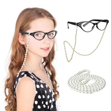 Imagem de NUMJAW Fantasia de senhora para crianças 100º dia de escola, fantasia para meninas, mulheres, fantasia de avó, óculos olho de gato, óculos de senhora com corrente, colar de pérolas falsas, acessório