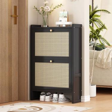 Imagem de Armário de sapatos de bambu, armário de sapatos estreito com gavetas reversíveis 2/3 armário de sapatos vertical com malha inferior aberta porta respirável para entrada, quarto, 50 × 17 × 87 cm, preto