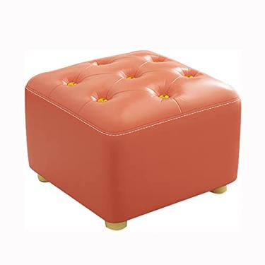 Imagem de Descanso de pé de couro laranja com botão dourado, pufe de cubo pequeno para sala de estar e quarto, 30 x 30 x 30 cm (12 x 12 x 12 polegadas) - Decoração elegante e confortável