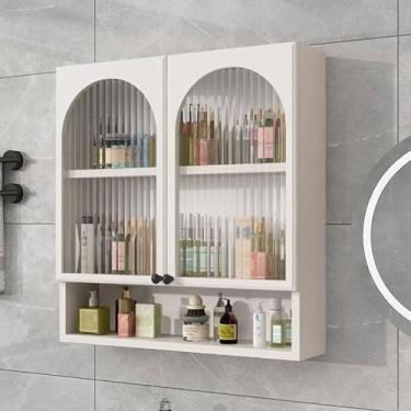 Imagem de Armário de remédios de porta dupla montado na parede com armazenamento aberto, organizador sobre o vaso sanitário para banheiro, cozinha e lavanderia - ideal para dormitórios universitários (branco