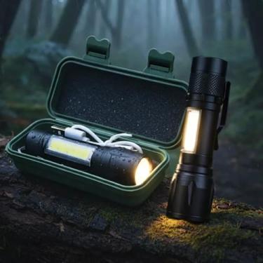 Imagem de Lanterna Tática LED Recarregavel USB Potente Zoom Ajustavel COB Lateral Com Estojo Protetor Resistente Agua Premium