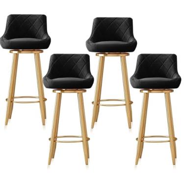 Imagem de Conjunto de 4 bancos de bar giratórios, modernos bancos estofados de veludo com encosto e pernas de metal dourado, cadeiras ilha com apoio para os pés, preto, 65 cm
