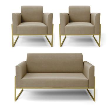 Imagem de Sofá Namoradeira Com 2 Poltronas Base Industrial Alta Dourado Marisa Suede D03 - D\'rossi Cor Marrom Rato
