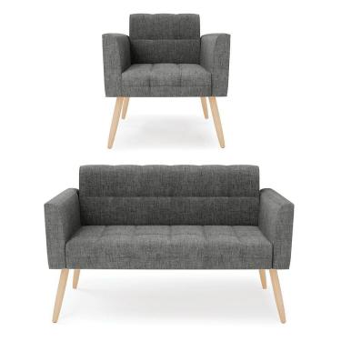Imagem de Kit 1 Sofá Namoradeira E 1 Poltrona Elisa Linho Pés Palito Natural - D'rossi Cor A26 Grafite