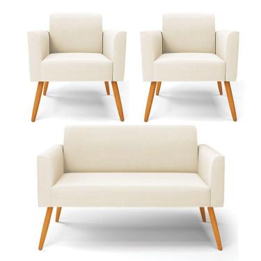 Imagem de Sofá Namoradeira Com 2 Poltronas Pés Palito Castanho Marisa Veludo D03 - D\'rossi Cor Bege