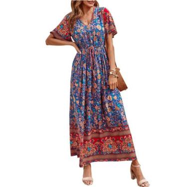 Imagem de Vestido Boho Floral Maxi Azul Feminino PRETTYGARDEN Tamanho P