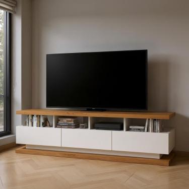 Imagem de Rack Moderno 3 Gavetas Para Tv Até 70″ Com Pés De Madeira Off White-freijo