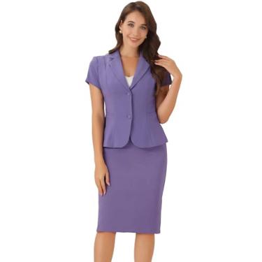 Imagem de Allegra K Conjunto de terno feminino para trabalho, escritório, manga curta, blazer e saia lápis, Roxo escuro, P