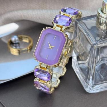 Imagem de Relógio Feminino Dourado Luxo Analógico Pedras Quartzo - Zuriew, Roxo