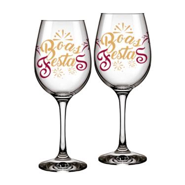 Imagem de Kit com 2 Taças de Vinho Boas Festas Tpc para Degustação em Vidro com Formato Ergonômico para Celebrações Transparente