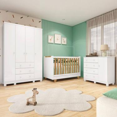 Imagem de Quarto de Bebê Completo Zuri 5 Portas 7 Gavetas 100% Mdf Branco/Amêndoa Brilho - Móveis...