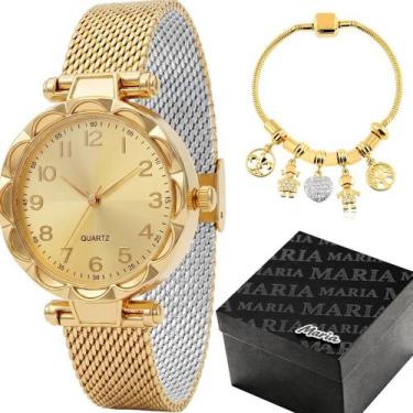 Imagem de relogio feminino dourado aço inox + caixa casual moda strass presente 