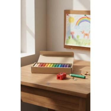 Imagem de Giz de Cera Corpo de Madeira 12 Cores Criatividade Infantil - Congratu