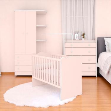 Imagem de Conjunto de Quarto Infantil Aurora com Berço Cômoda e Guarda-Roupa 2 Portas 7 Prateleiras 4 Gavetas MDP Rosa Qmovi