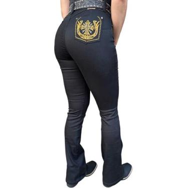 Imagem de Calça Jeans Feminina Flare Bordada Cruz - Estribo Original, 38, Preto