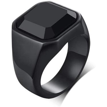 Imagem de Anel Masculino Preto Titânio Comendador Com Pedra Preta Quadrada Onyx 