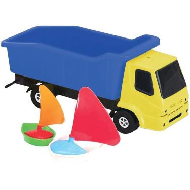 Imagem de Caminhão de Brinquedo Super Truck Caçamba com 2 Barcos Coloridos Roda Livre Monte Líbano