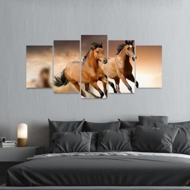 Imagem de Quadro Arte Cavalos na Natureza Mosaico 5 Peças 130x63