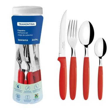 Imagem de Faqueiro Tramontina Ipanema com Lâminas em Aço Inox e Cabos de Polipropileno Vermelho com Pote Plástico 24 Peças - Tramontina