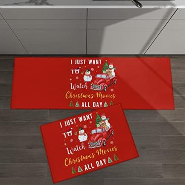 Imagem de Conjuntos de tapetes de feltro de cozinha 2 peças I Just Want to Watch Christmas Movies All Day Snowman Dog Truck Vermelho Absorvente Antiderrapante Corredor, Adequado para Escritórios, Corredores, Lavanderia