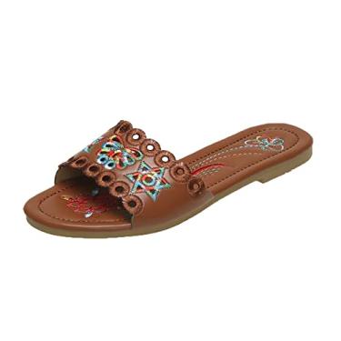 Imagem de Sandálias de bico aberto respiráveis para mulheres elegantes chinelos primavera e verão chinelos lisos bordados estilo étnico sapatos de praia (marrom, 7)