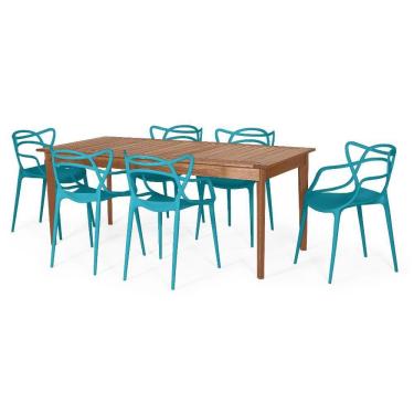Imagem de Conjunto Mesa de Jantar Retangular em Madeira Maciça 186cm com 6 Cadeiras Allegra - Turquesa