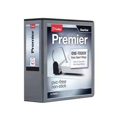 Imagem de Cardinal Fichário com 3 anéis, fichário Premier de fácil abertura de 10 cm, anéis inclinados com bloqueio ONE-TOUCH, capacidade para 880 folhas, capa ClearVue, sem PVC, preto (10341)