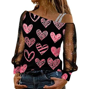 Imagem de Tops de manga de malha transparente para mulheres, ajuste solto, ombro frio, estética, camisa de manga comprida impressa Blusa Vestido Camiseta Blusa chiffon feminina Coração J60-Rosa Large