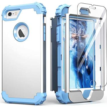 Imagem de IDweel Capa para iPhone 6S, capa para iPhone 6 com protetor de tela (vidro temperado), 3 em 1, absorção de choque, capa rígida de policarbonato de silicone macio para meninas, prata/azul claro