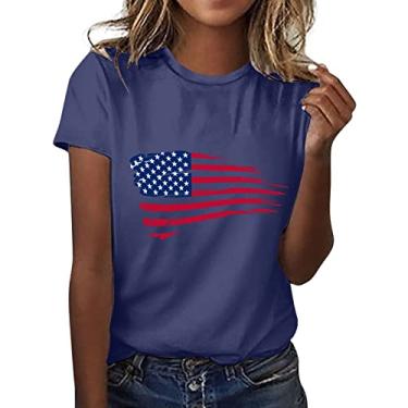 Imagem de Camisetas femininas de 4 de julho com bandeira americana listradas, casual, patriótico, memorial, festival, Azul marino, GG