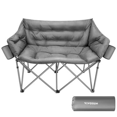 Imagem de VIVOSUN Cadeira de acampamento dupla, assento dobrável acolchoado com 2 porta-copos e bolsa de transporte, suporte de 272 kg, ideal para atividades internas e externas, cinza