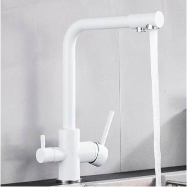 Imagem de Torneira de cozinha com filtro cromado, torneira de cozinha para água potável pura, montada no deck, alças duplas, misturador de água quente e fria de 3 vias, branco