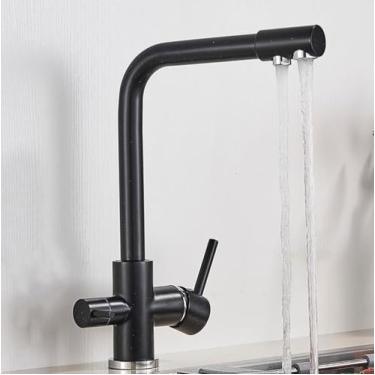 Imagem de Torneira de cozinha com filtro cromado, torneira de cozinha para água potável pura, montada no deck, alças duplas, misturador de água quente e fria de 3 vias, preto com ponto