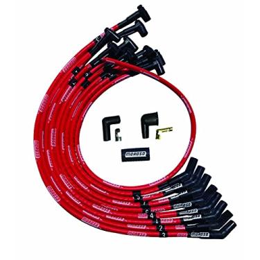 Imagem de Moroso Fios de vela de ignição com mangas vermelhas 52527, Chevy de bloco pequeno, roteamento de tampa de válvula, extremidade de plugue de 135 graus, distribuidor HEI