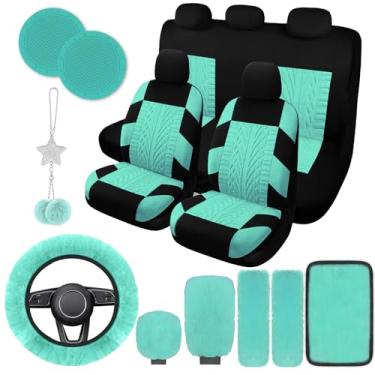 Imagem de JINGSEN Conjunto completo de 17 capas de assento de carro para mulheres, capa de assento de carro universal, capa de volante de pelúcia, engrenagem de freio de mão de lã macia fofa, acessórios de