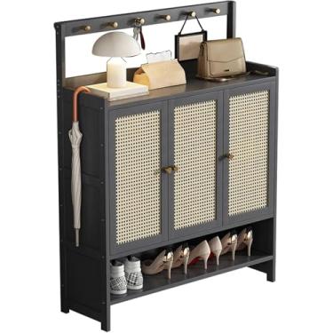 Imagem de Armário de sapatos independente com ganchos, armário de armazenamento de sapatos de bambu organizador de armário para salas de estar, quarto, cinza, 98 × 32 × 131 cm