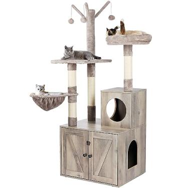 Imagem de Timberer Caixa de areia com árvore de gato, casa de madeira para gatos com torre de árvore, móveis de caixa de areia oculta para gatos com poste para arranhar, condomínio moderno para gatos, cinza