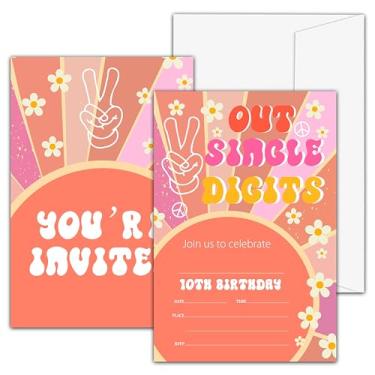Imagem de valucise Convites de aniversário de 10 anos para meninas, nossos convites de festa de aniversário de um dígito, cartões de convite de preenchimento de arco-íris retrô, suprimentos de lembrancinha de